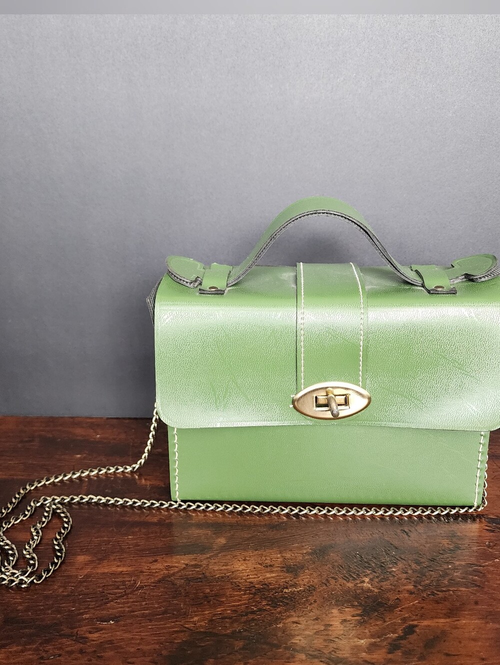 Vintage Green Mini Purse Camera Case Handbag Clutch Crossbody Gold Chain